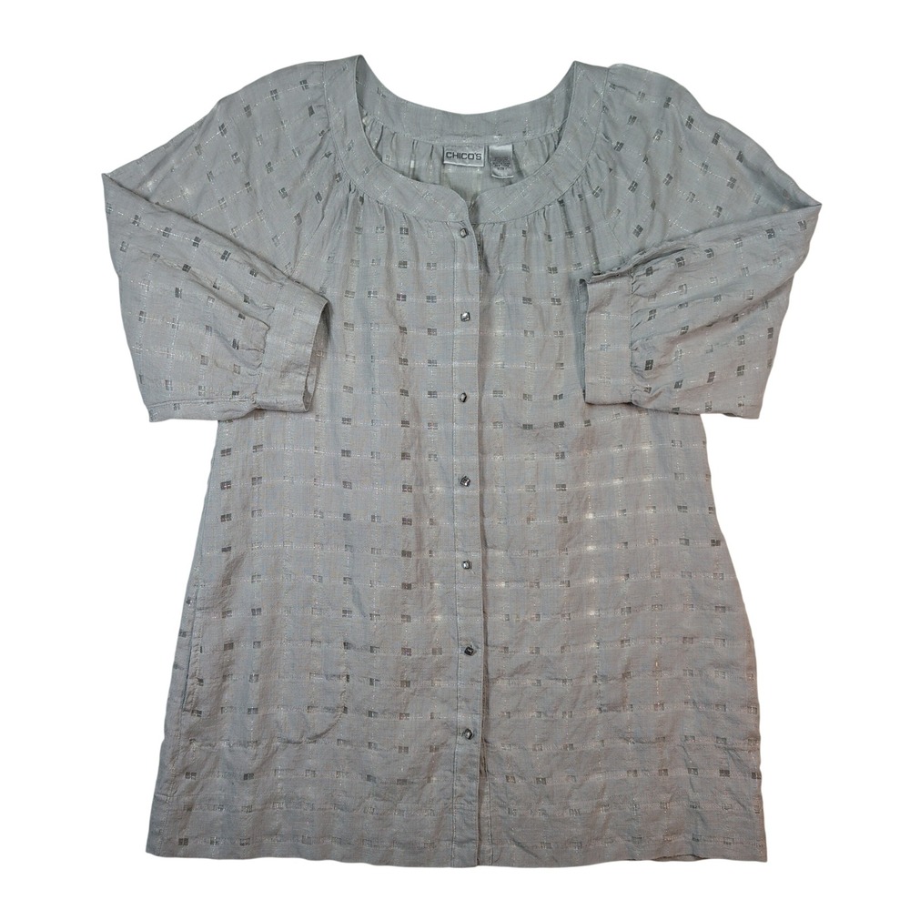 Chico's Top Women 1 Medium Grey Silver Metallic Grid Linen Lagenlook Pockets